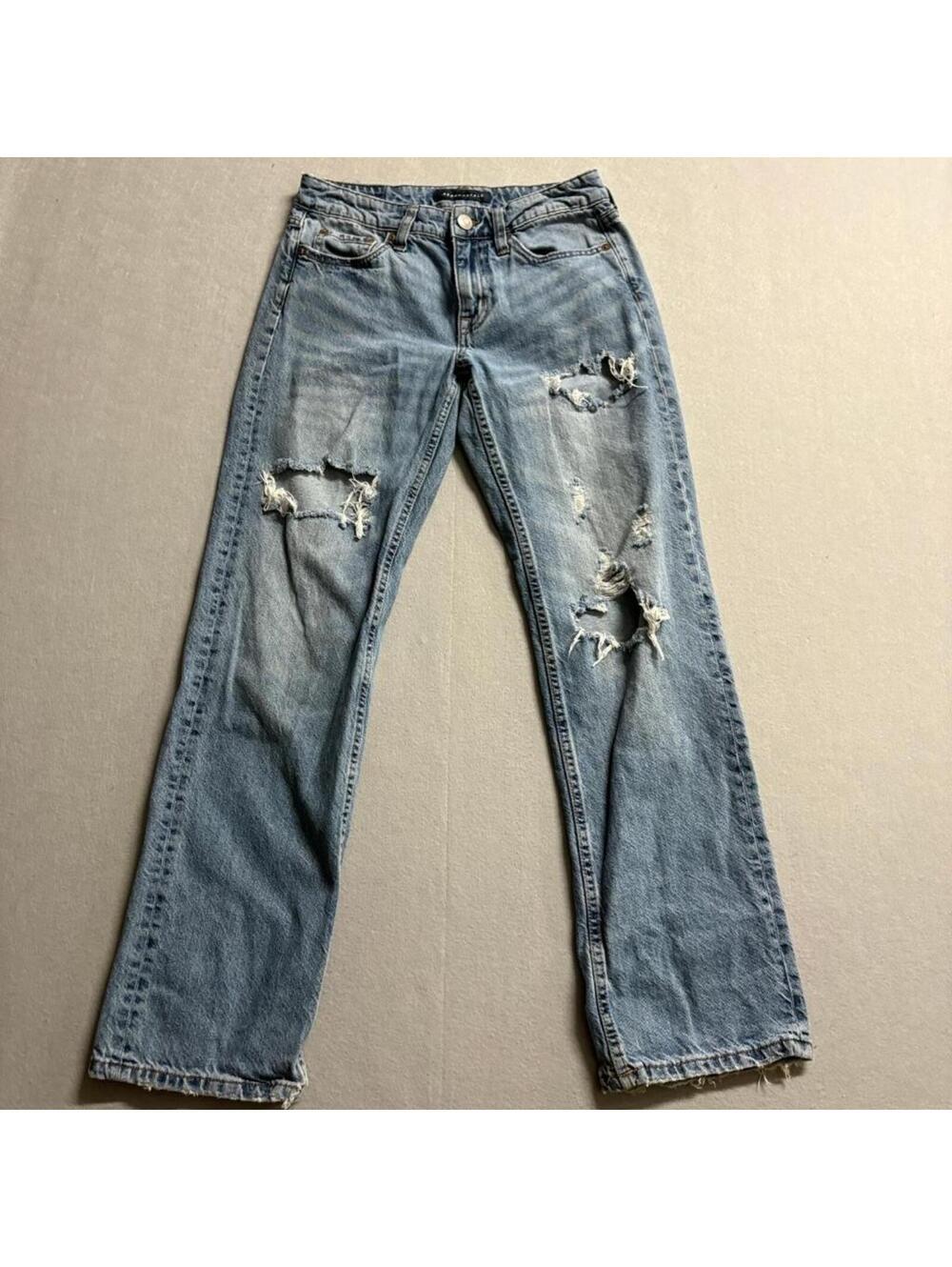 Aeropostale Low Rise 90s Baggy Jeans Womens 00 Reg Distressed Blue 100% Cotton